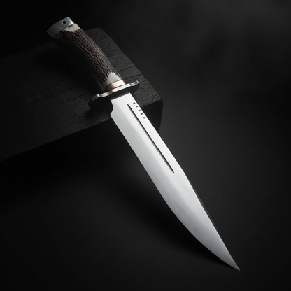 Handmade Bowie knife with stag horn handle on dark wooden surface studio shot