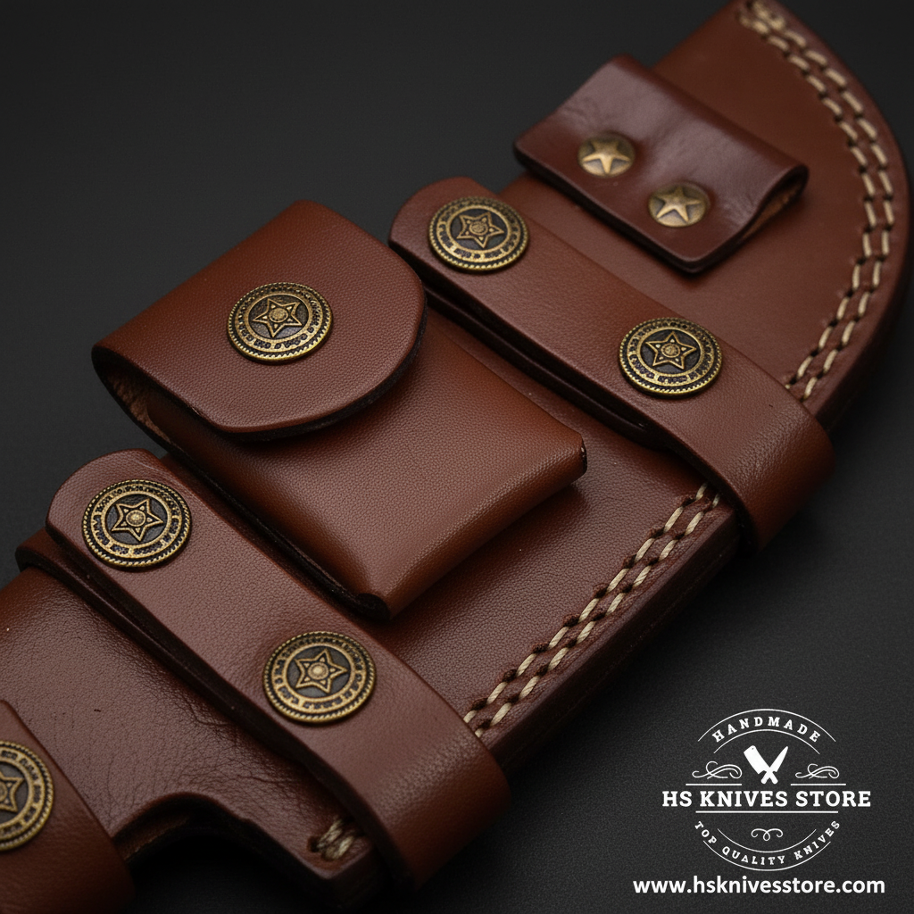 Close-up of dark brown leather knife sheath with 5 brass star concho buttons and cream stitching and triple belt loop