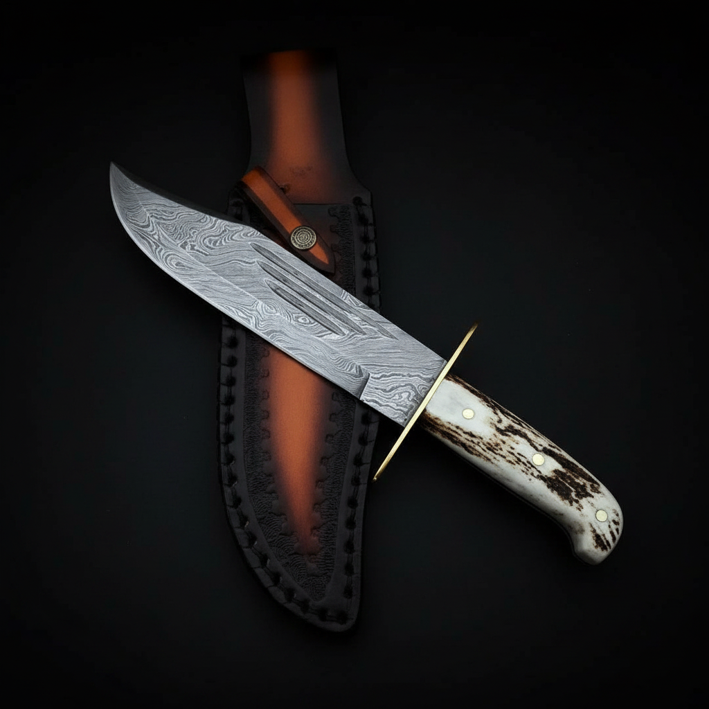 Handmade Damascus Bowie knife stag antler handle brass guard black leather sheath black studio