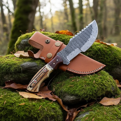 Damascus tracker knife with stag antler handle resting on mossy rocks in outdoor forest setting