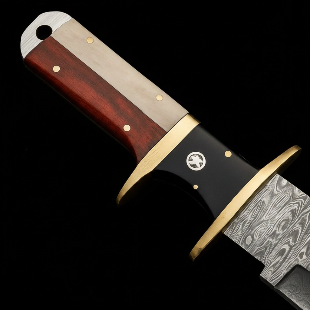 Close-up rosewood bone handle brass guard copper pins handmade Damascus Bowie knife detail