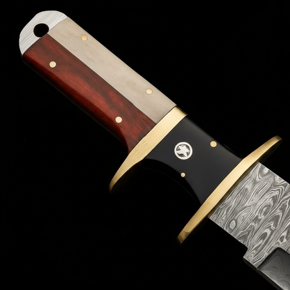 Close-up rosewood bone handle brass guard copper pins handmade Damascus Bowie knife detail