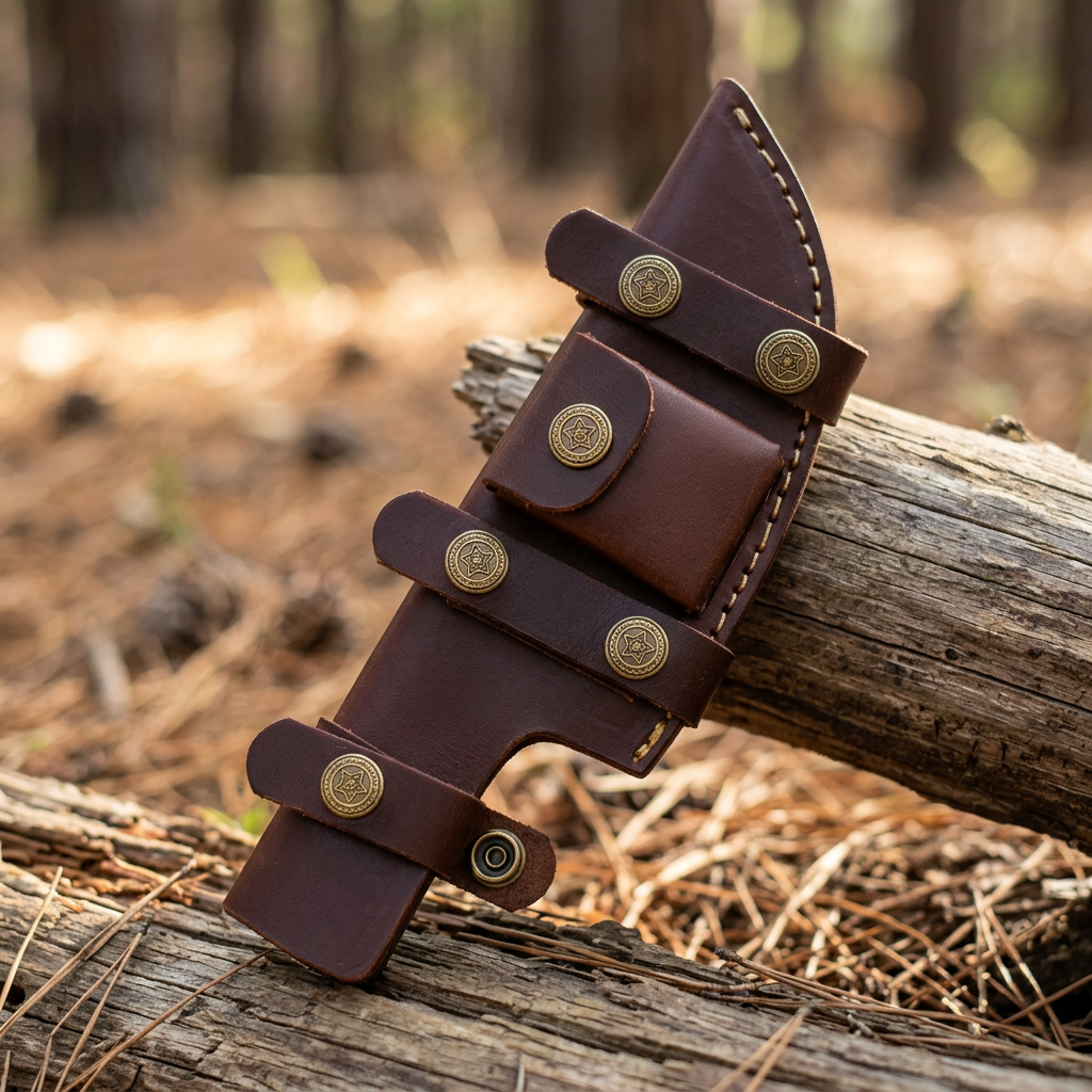 Brown tracker knife sheath detail with decorative snaps and front flap pocket
