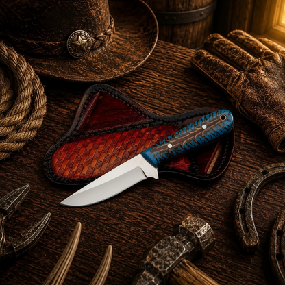 Right-side angle of a Buckaroo style D2 steel knife with turquoise handle and separate pancake belt sheath by a saddle