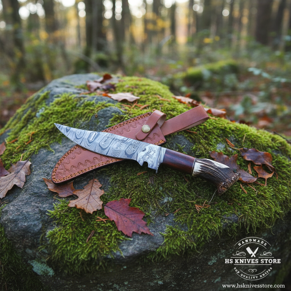 Damascus steel Bowie knife stag crown handle resting on mossy rocks in outdoor forest setting clear blade visible