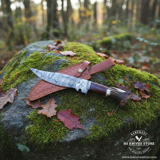 Damascus steel Bowie knife stag crown handle resting on mossy rocks in outdoor forest setting clear blade visible