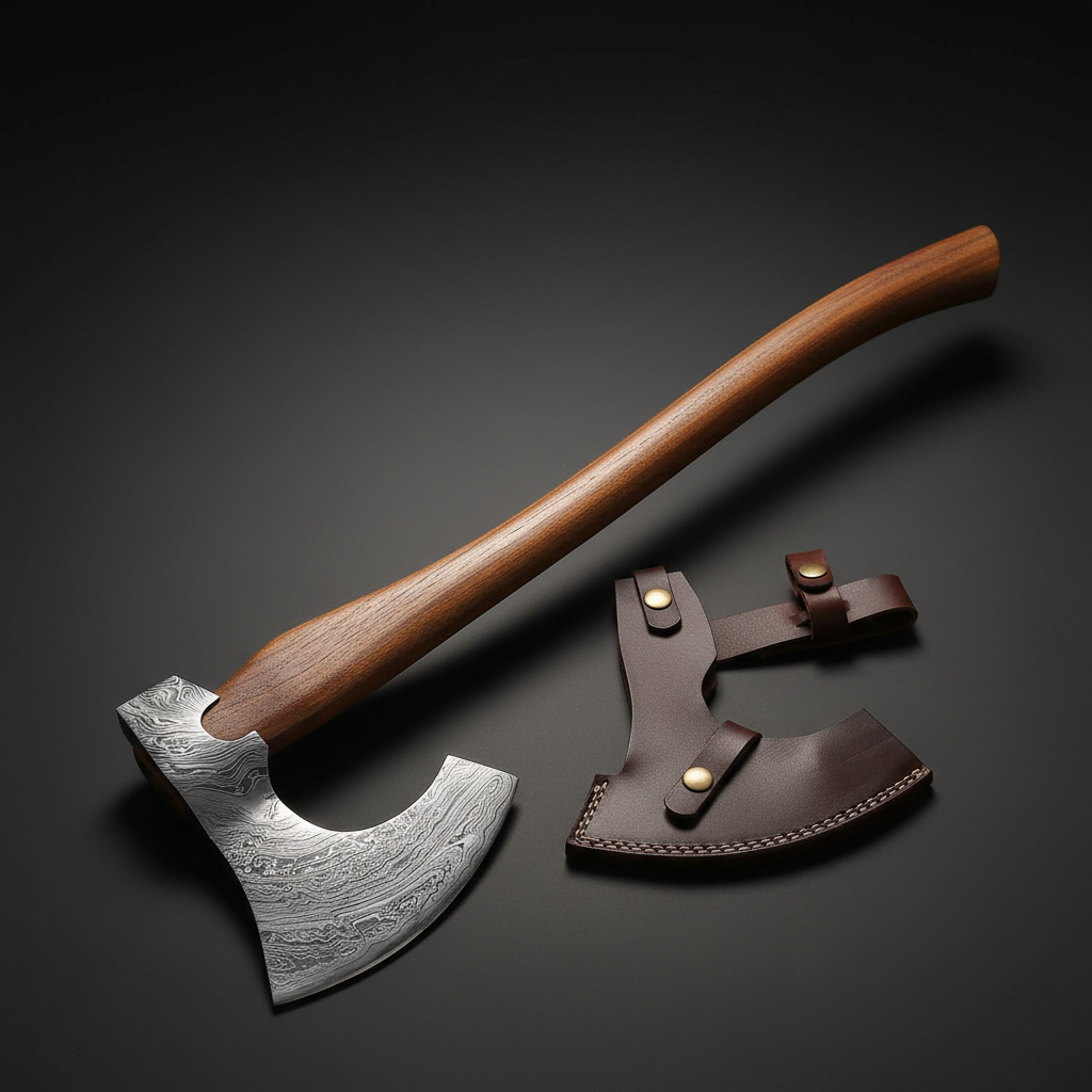 Hand forged Damascus Viking bearded axe with rosewood handle and leather guard, dark charcoal studio background right facing