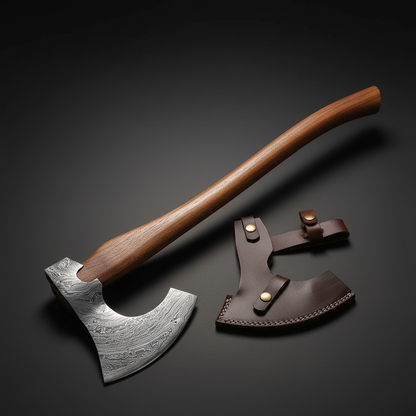 Hand forged Damascus Viking bearded axe with rosewood handle and leather guard, dark charcoal studio background right facing