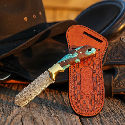 Handmade Damascus bull cutter with wood resin handle and pancake leather sheath at a Texas ranch