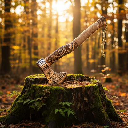 Norse engraved Viking axe embedded in mossy tree stump in outdoor forest with golden autumn light