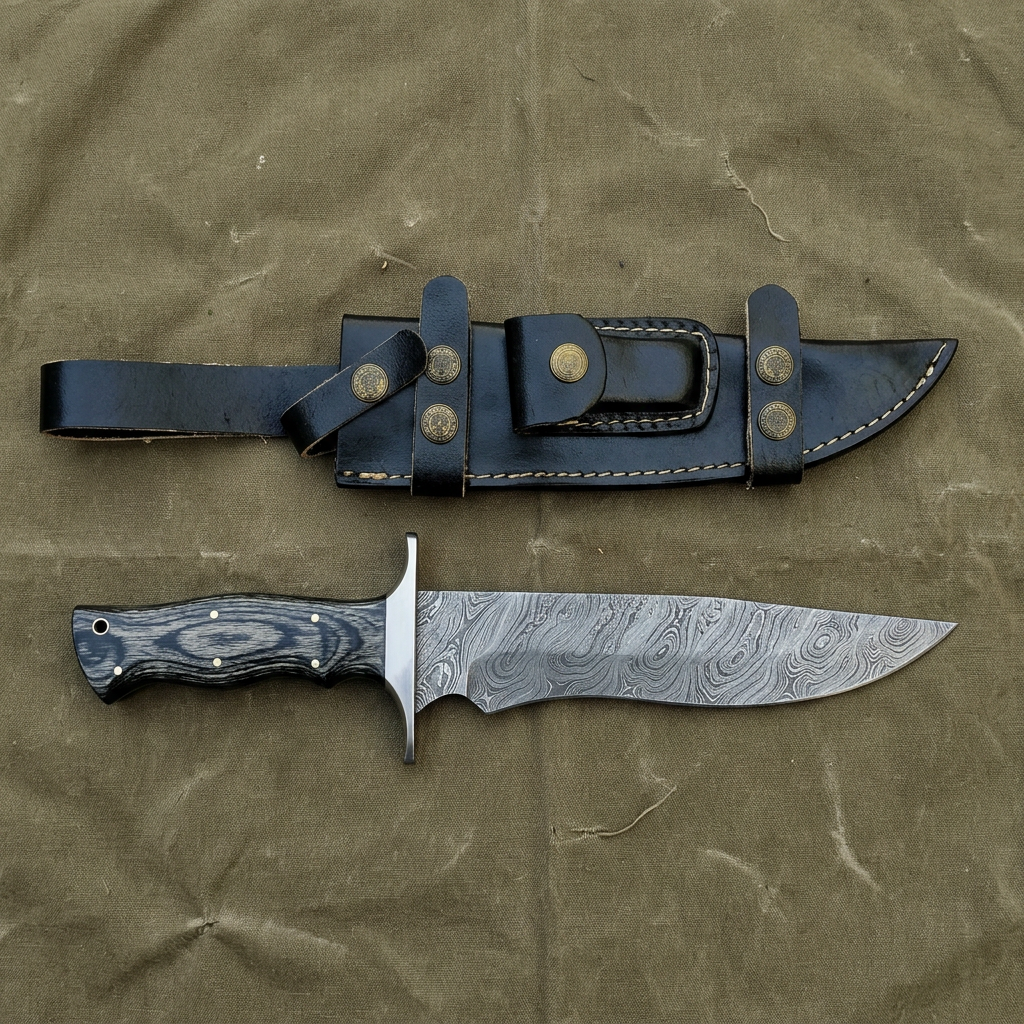Overhead display of 13-inch Damascus Bowie and leather sheath