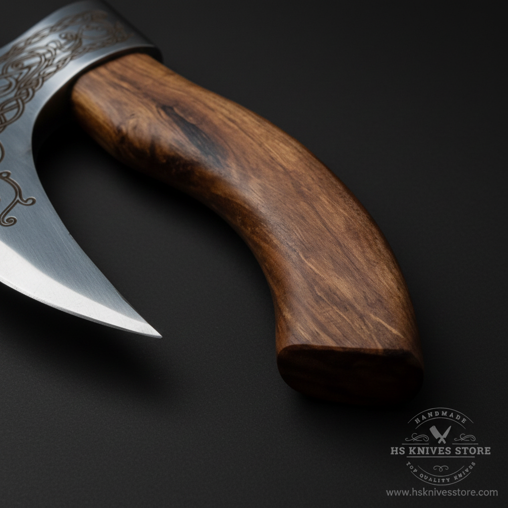 Close-up macro of natural walnut wood handle with warm reddish brown grain on Viking pizza axe
