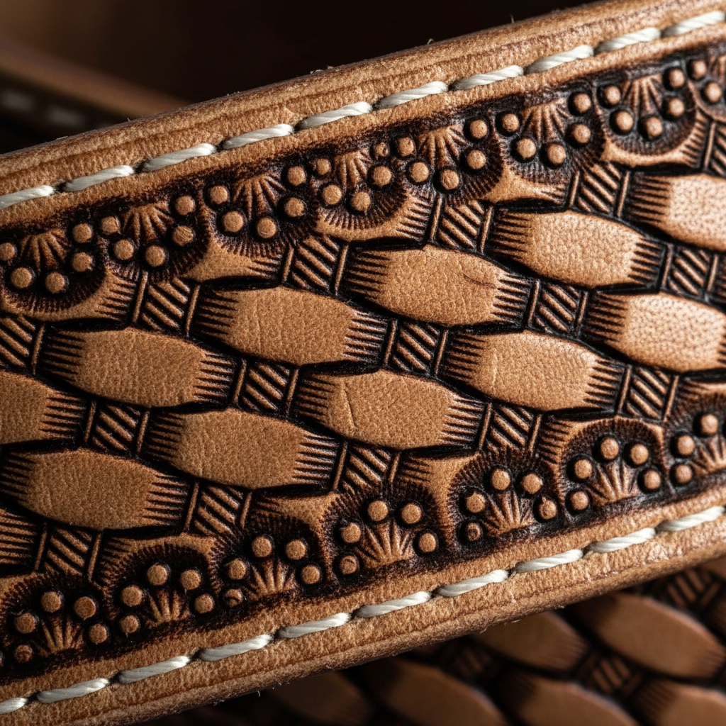 Basket weave hand-tooled leather engraving macro close-up white stitching western belt