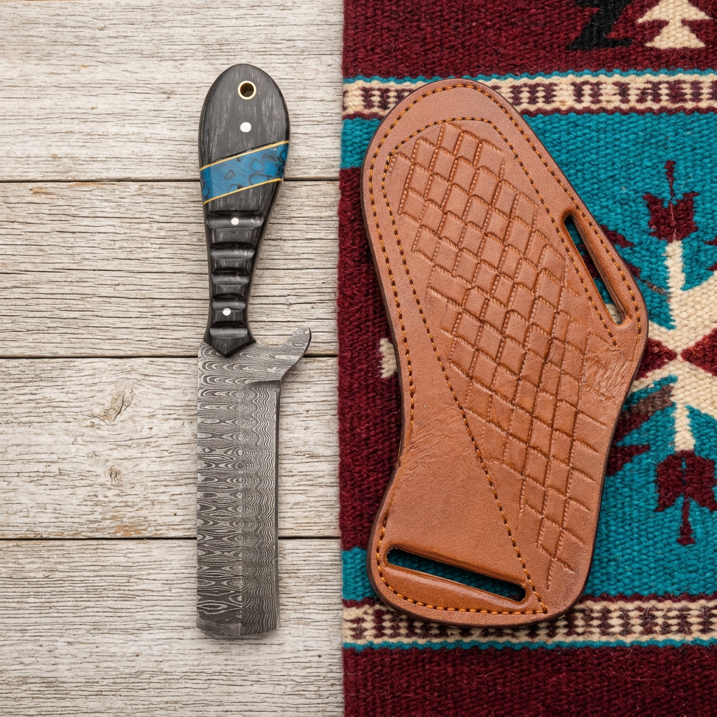 Top-down view of 8-inch overall Damascus Cowboy Bull Cutter and diamond-tooled cowhide pancake sheath
