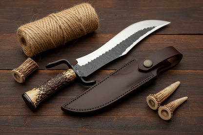 Handmade D2 Bowie knife with antler handle flat lay on dark rustic wood with leather sheath and rope accessories