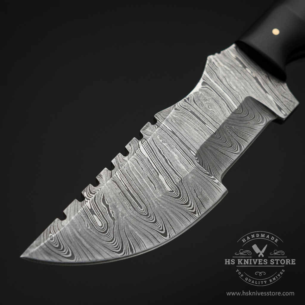 Close-up macro of Damascus steel tracker blade showing bold flowing ladder wood grain Damascus pattern and thick spine and sharp edge