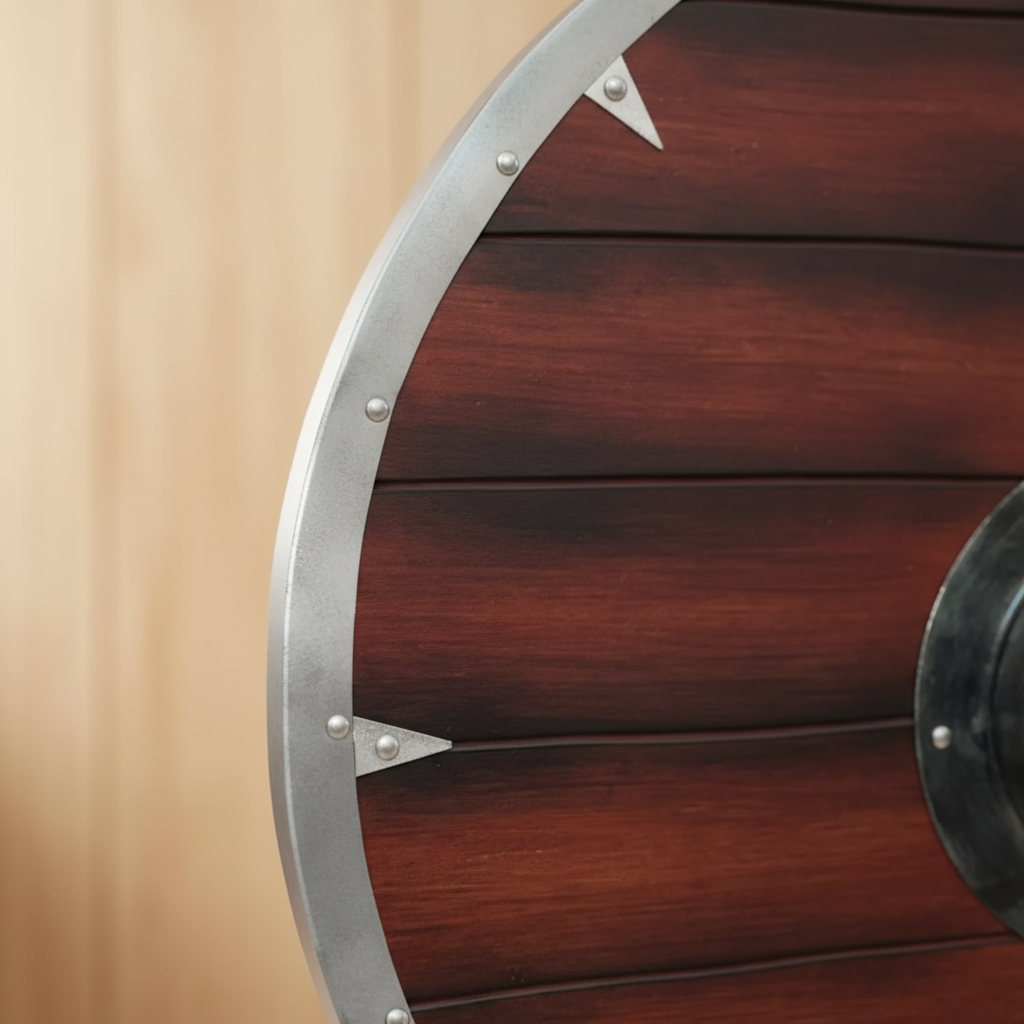 Close-up of metallic-look rim, rivets, triangular accents, and reddish wood planks on a Viking shield