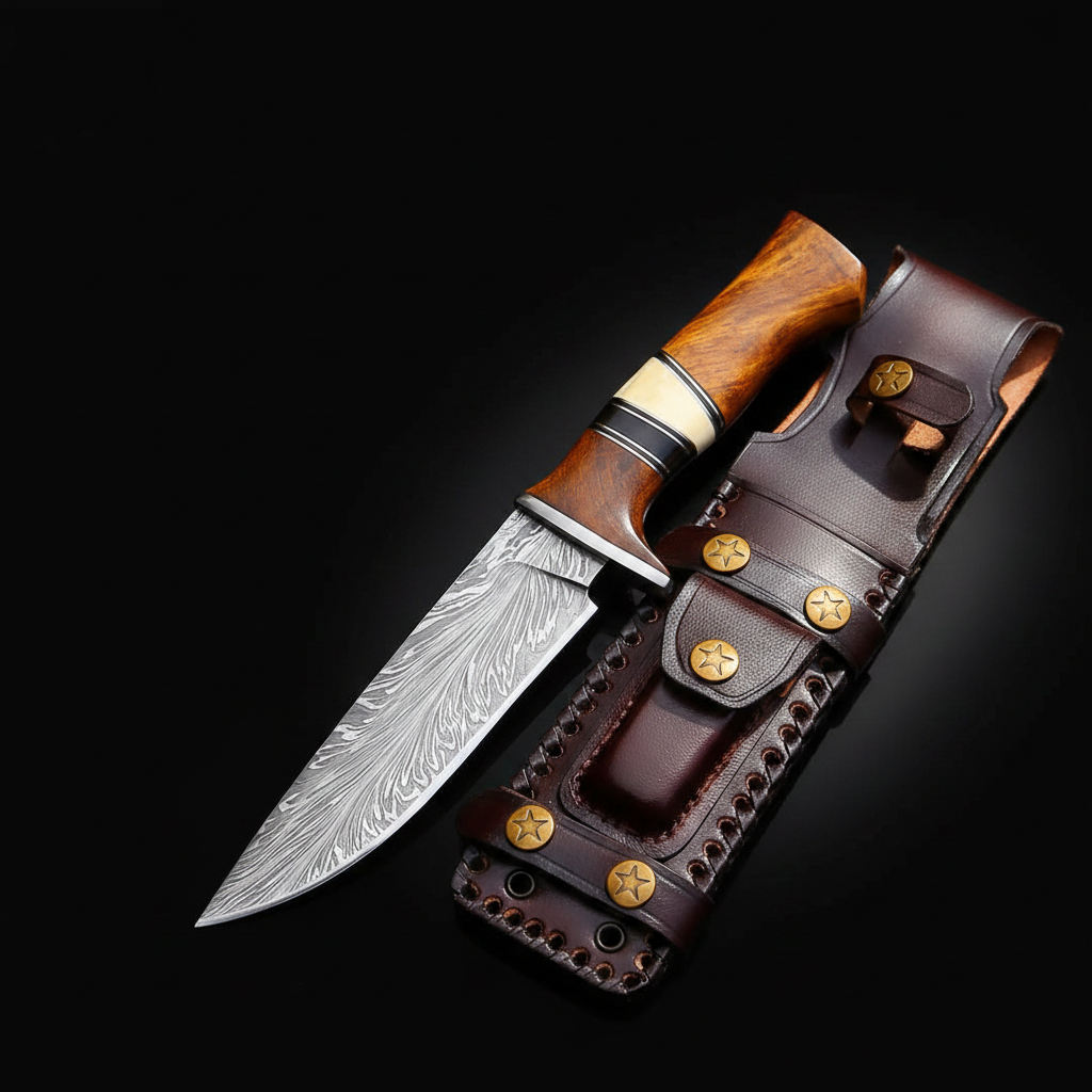 Handmade Damascus steel hunting knife with rosewood handle and steel bolster on black studio background left facing mirror