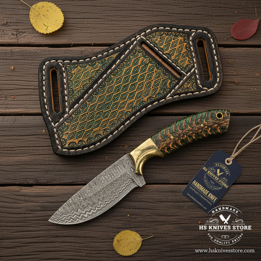 Green pinecone Damascus Skinner Knife with diamond-stamped scout sheath and hang tag on rustic wood