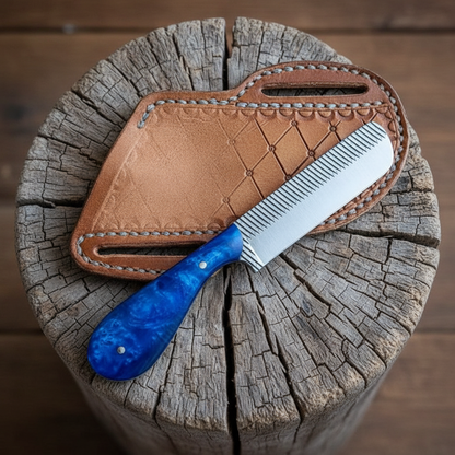 Reverse view of the same Mastercraft Custom Bull Cutter Knife and pancake leather sheath on a western hitching post