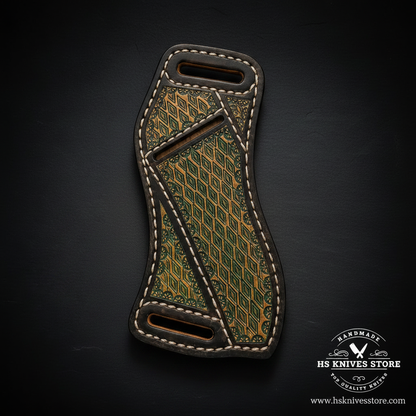 Green-and-brown diamond-stamped scout carry sheath shown alone without the knife
