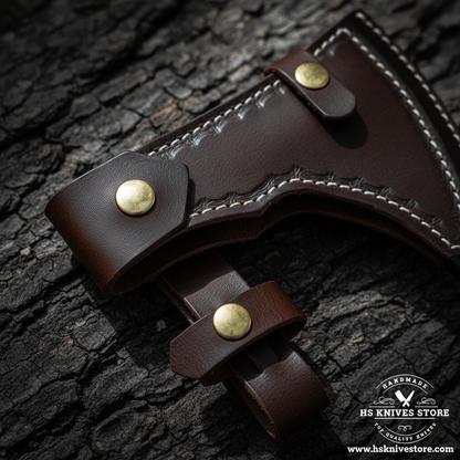 Close-up of dark brown leather axe mask with two brass snap buttons and white stitching for Viking tomahawk axe