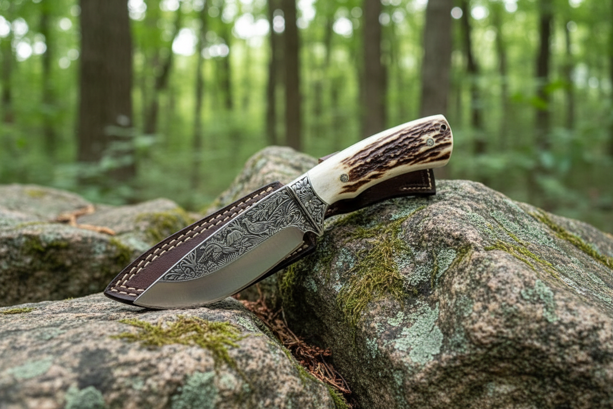 Handmade engraved D2 skinner knife with stag crown handle on outdoor rocks with green forest background natural light