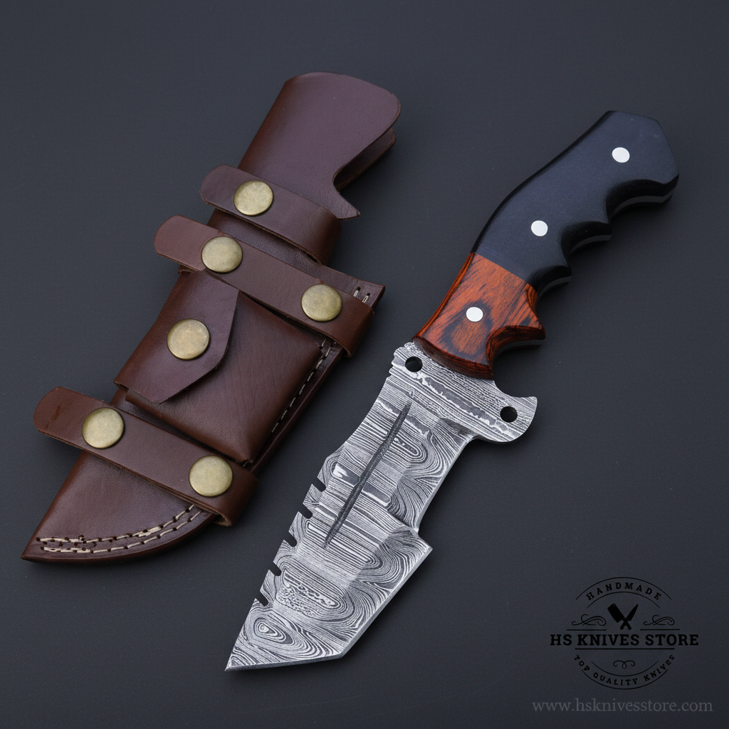Damascus steel tracker knife two-tone black micarta reddish-brown pakkawood handle dark chocolate brown leather sheath brass conchos dark charcoal studio