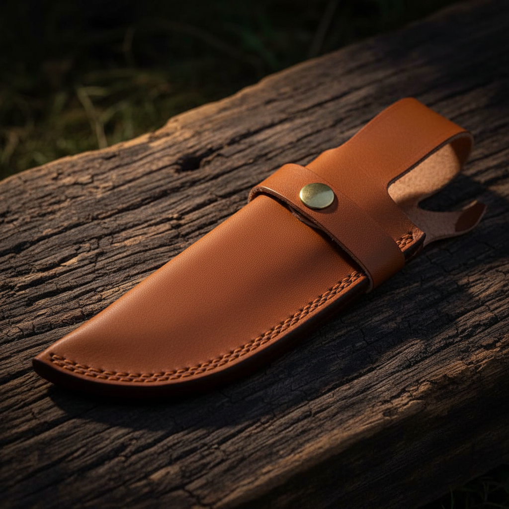 Tan brown leather tracker knife sheath with snap button and belt loop detail macro shot