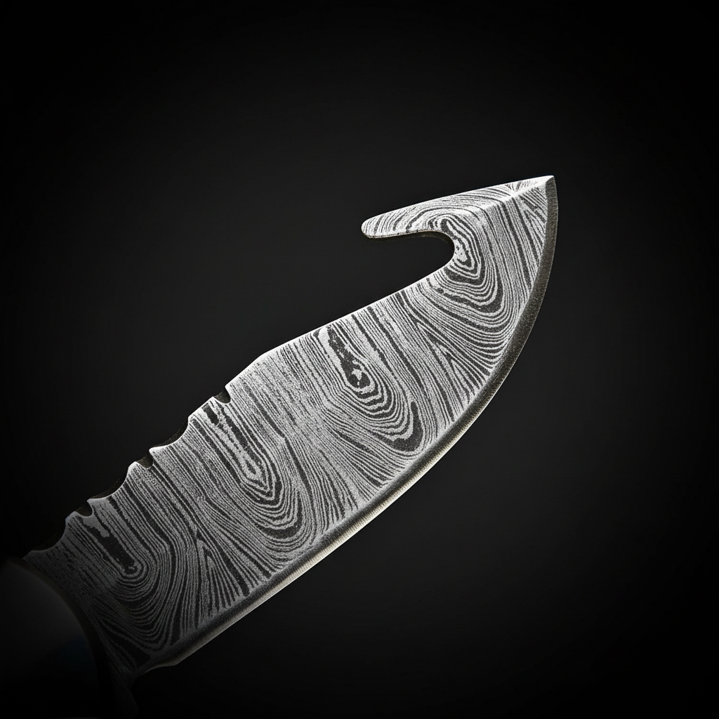 Damascus steel gut hook blade macro showing swirl wave pattern and sharp gut hook tip detail