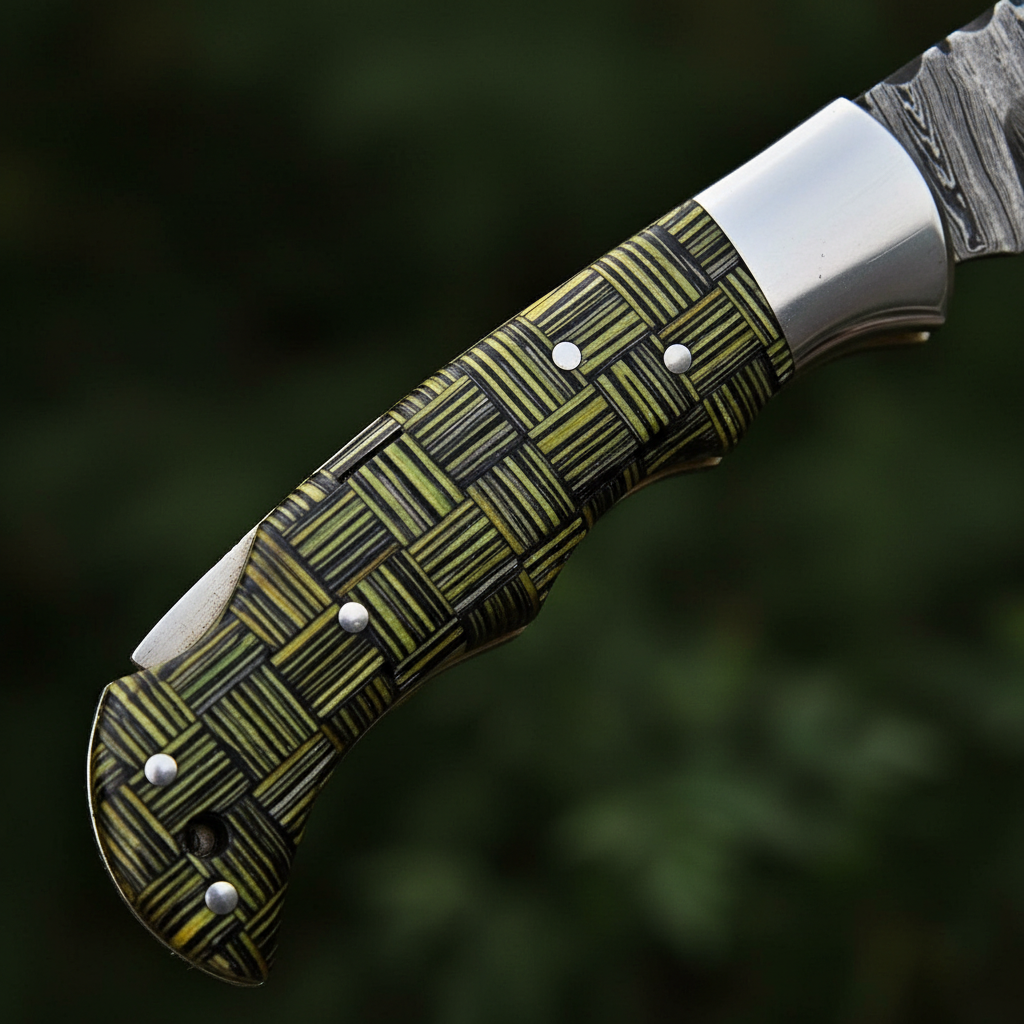 Close-up macro of green black woven composite handle with steel bolster and pins on Damascus folding knife
