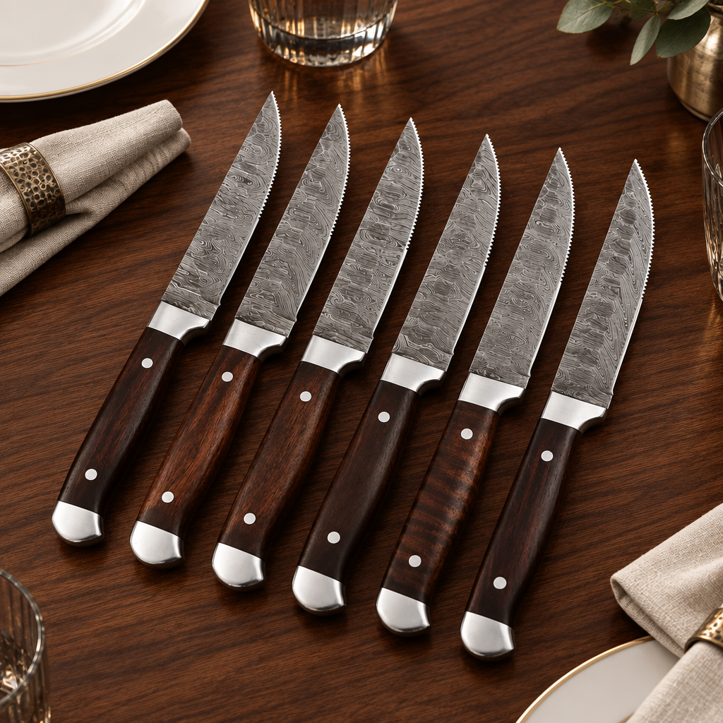 Six-piece Damascus steak knife set displayed with plates and linen in a premium dining scene