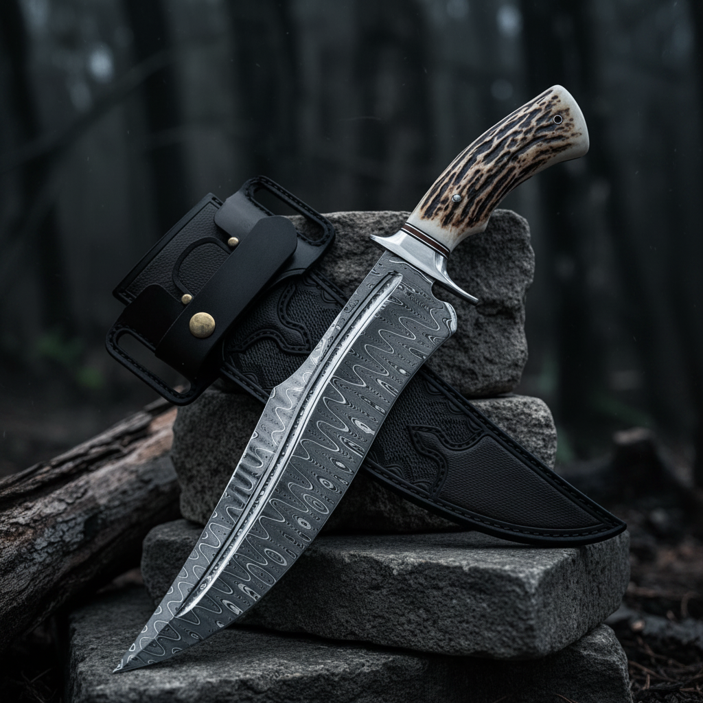 Handmade Damascus Bowie knife with stag horn handle on dark stone surface moody lighting