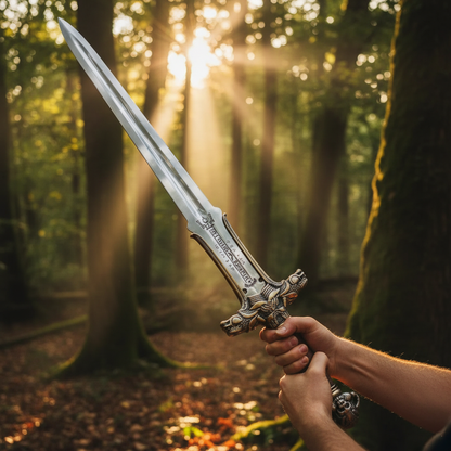 Hands gripping barbarian broad sword handle raised dramatically in outdoor forest setting with golden sunlight