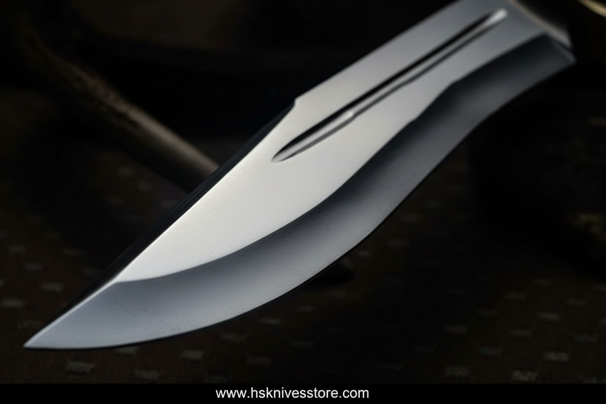 Close up of double fuller blood groove high carbon steel Bowie knife blade edge detail www.hsknivesstore.com