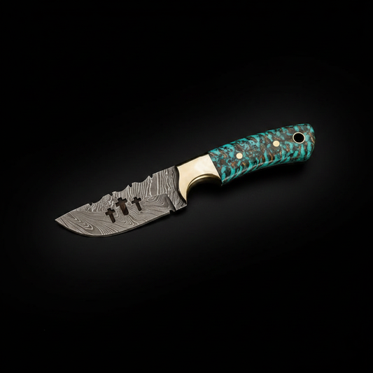Handmade Damascus skinner knife turquoise resin handle black studio left facing mirror shot