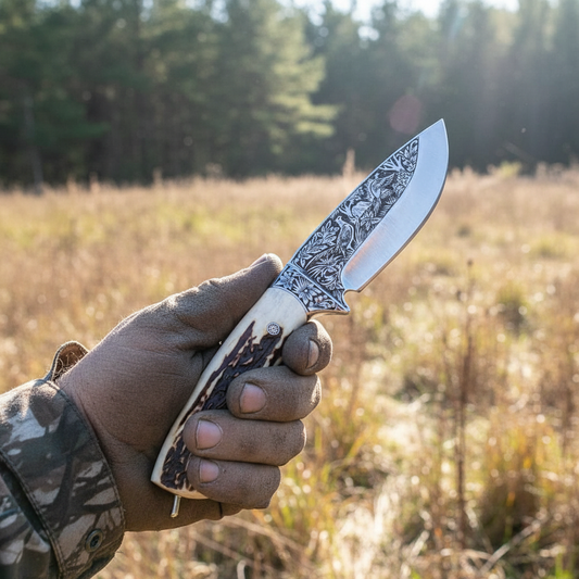 Hunter hand gripping hand engraved D2 steel skinner knife with stag crown handle outdoors field use lifestyle blurred forest background