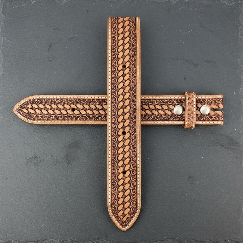 Hand-tooled western leather belt flat straight dark grey slate showing full engraving pattern