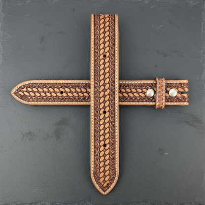 Hand-tooled western leather belt flat straight dark grey slate showing full engraving pattern