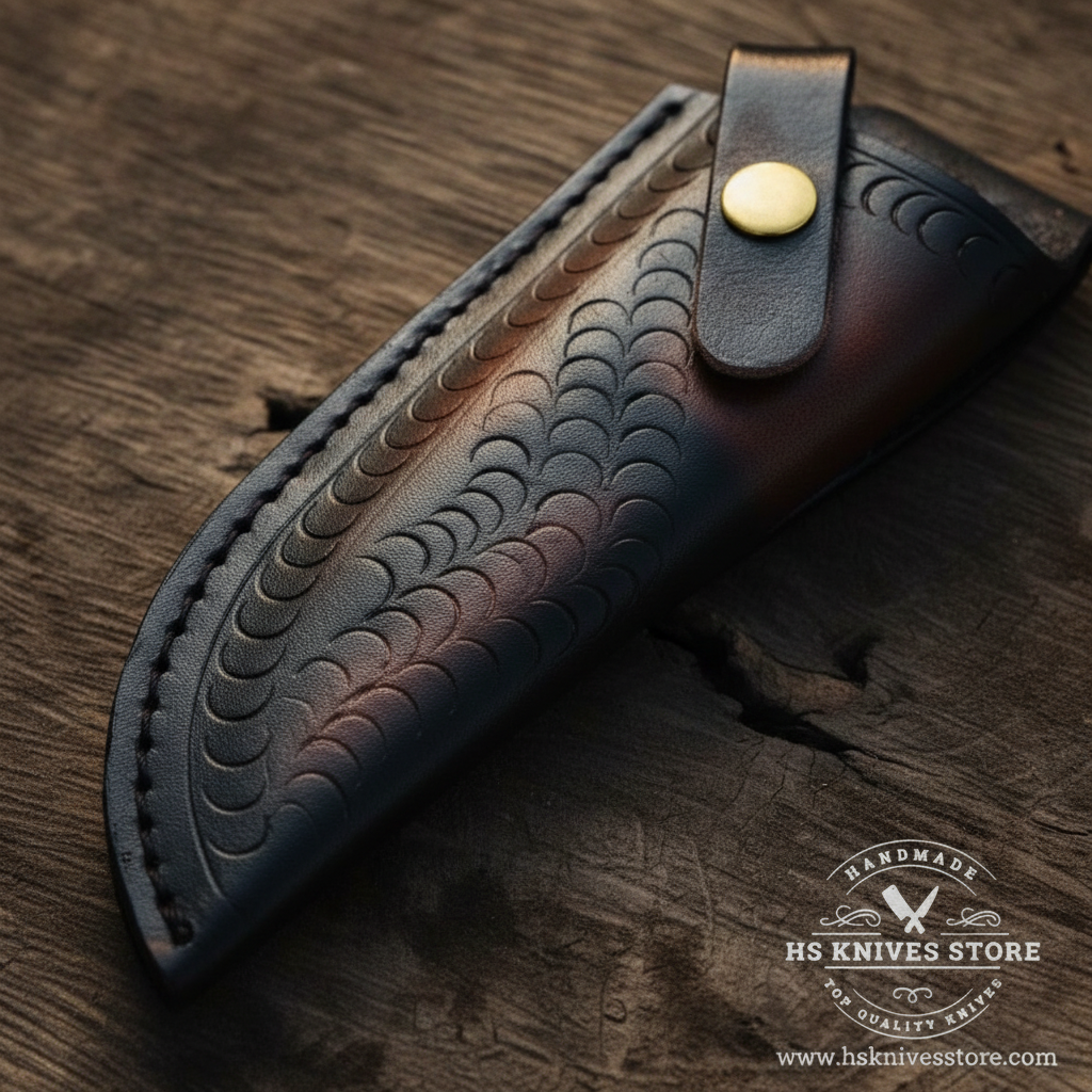 Close-up macro of dark black leather sheath with fish scale scallop embossed tooling pattern and brass snap button closure