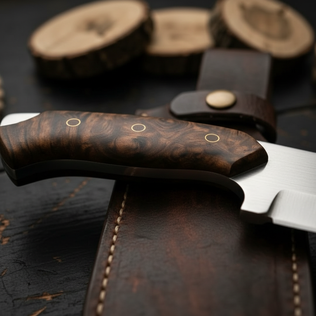 Close-up stabilized burl wood handle brass pins steel bolster handmade D2 steel Bowie knife macro detail