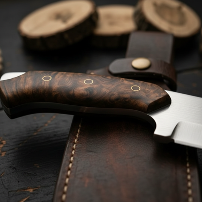 Close-up stabilized burl wood handle brass pins steel bolster handmade D2 steel Bowie knife macro detail