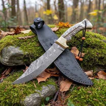 Damascus Bowie knife with engraved resin handle resting on mossy rocks in outdoor forest setting