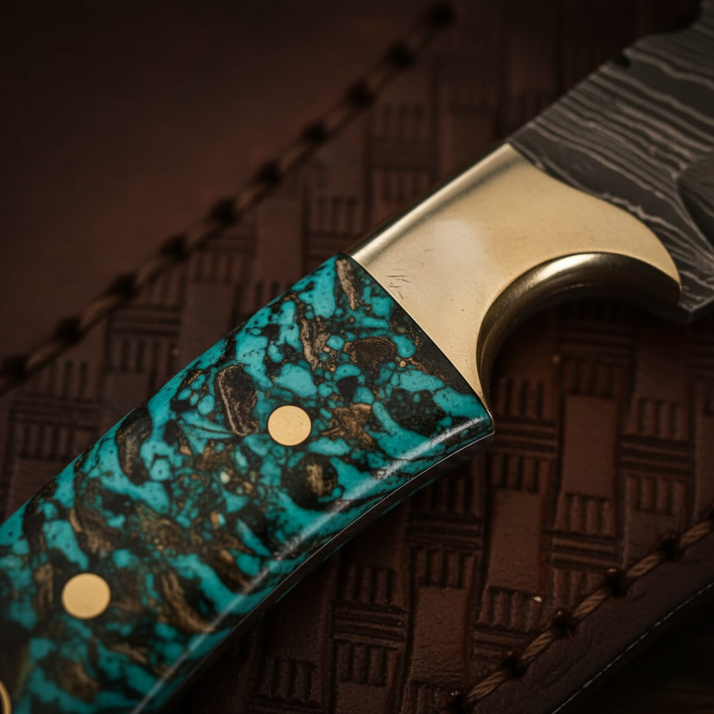 Close-up macro of turquoise green resin handle with brass bolster and brass pins on Damascus skinner knife