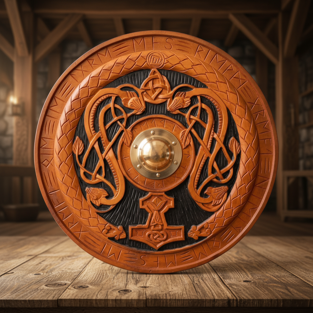 Hand-carved Mjolnir Viking shield with Norse runes and reddish wood on a rustic timber table