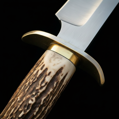 Close up macro shot of natural antler handle and polished brass guard on D2 steel Bowie knife