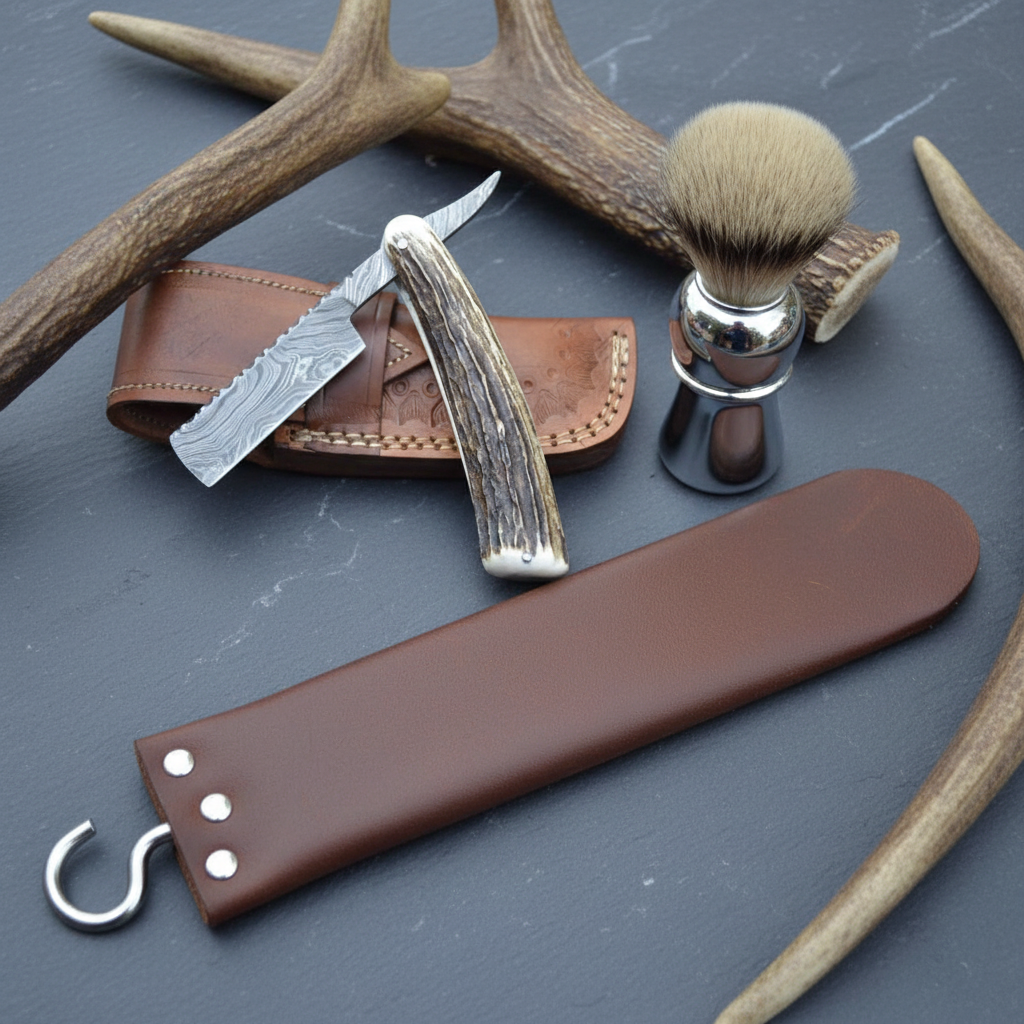Damascus straight razor with antler handle luxury grooming flat lay on marble with shaving accessories
