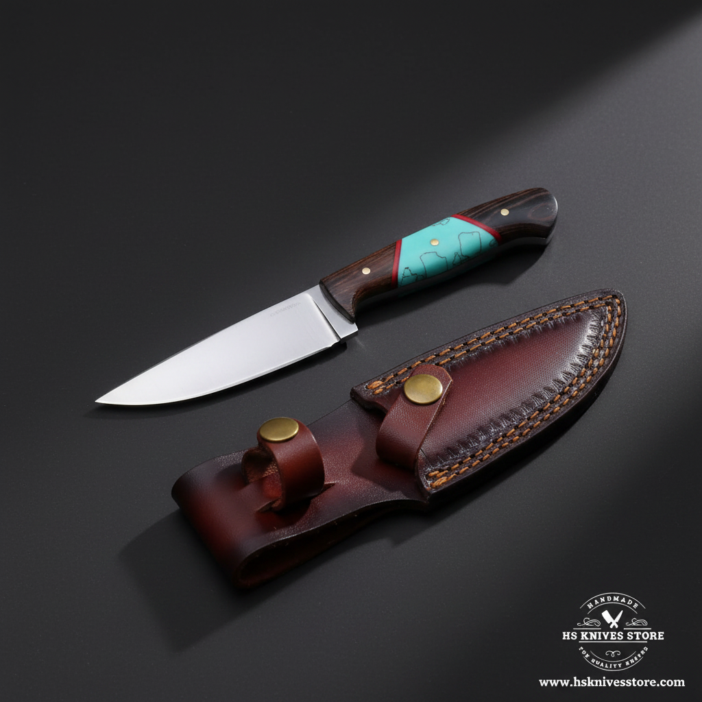 Carbon steel skinner knife with wood turquoise resin handle and dark burgundy leather sheath mirror view on dark charcoal background