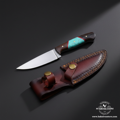 Carbon steel skinner knife with wood turquoise resin handle and dark burgundy leather sheath mirror view on dark charcoal background