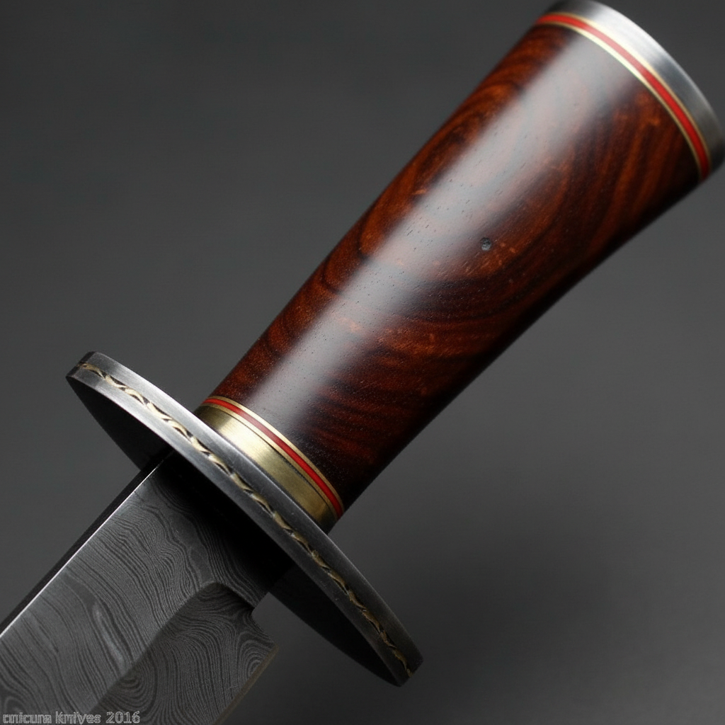 Close-up macro of dark rosewood handle with copper brass spacer rings, red accent ring and black steel bolster